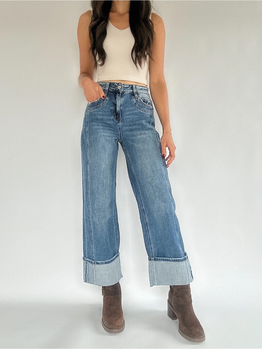 SONG dark wash cuffed straight wide leg cropped jeans NWOT 27